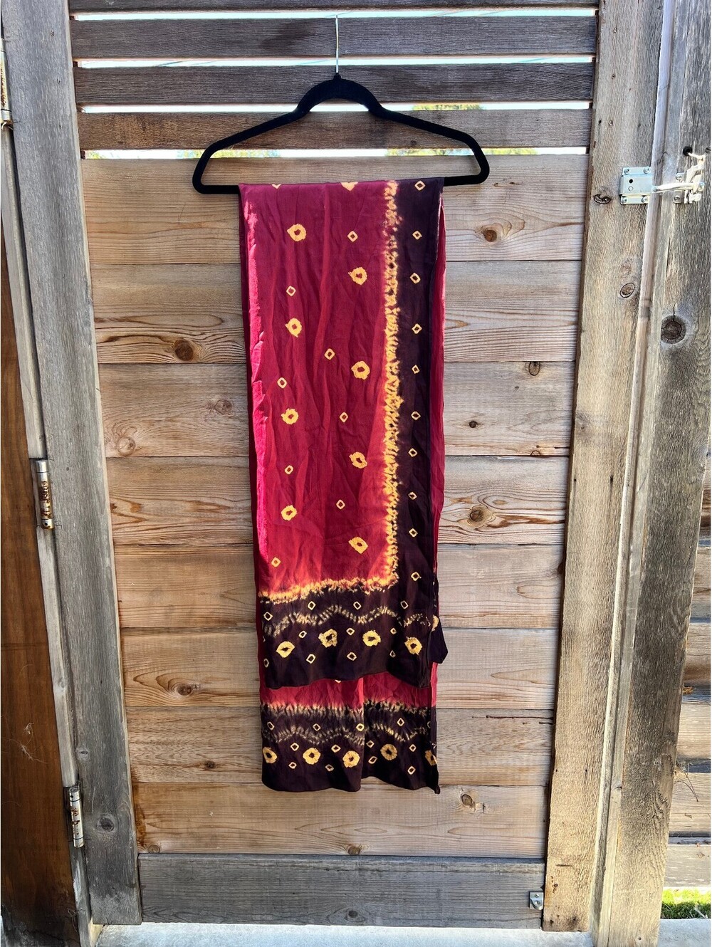 Vintage Silk Tie-Dye Patterned Scarf in Burgundy/Black/Gold 44x72"